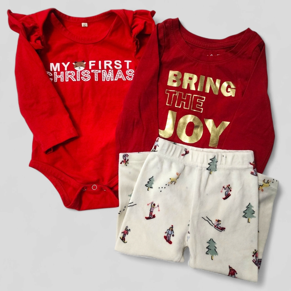 Baby Girl Christmas Outfit Bundle - Size 12M - 3pc Set (Cat & Jack, Garanimals)